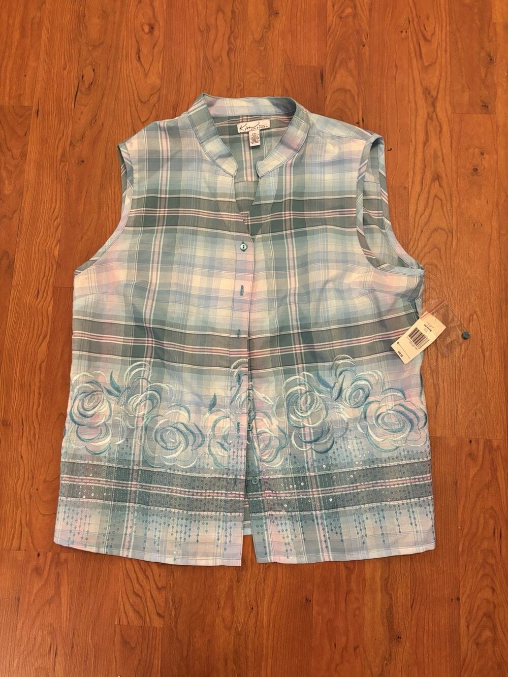 Kim Rogers NWT blue plaid embroidered button up sequined vest size PXL